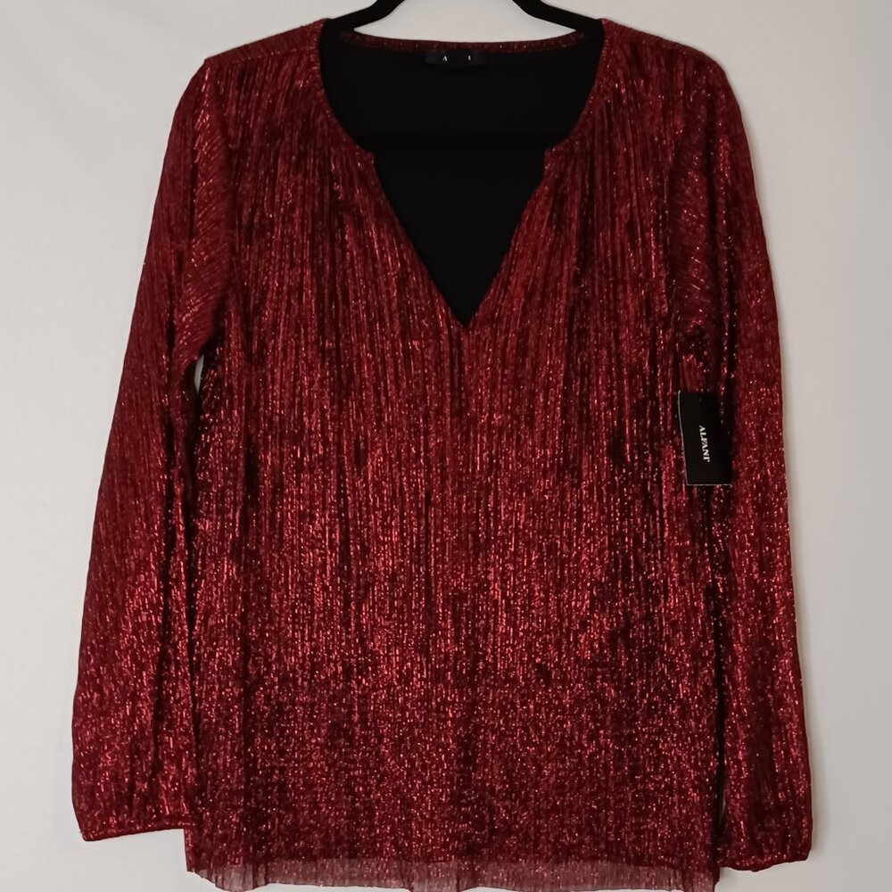 NWT Women's Alfani Red Shimmer Blouse with Black Lining‎ Size Medium